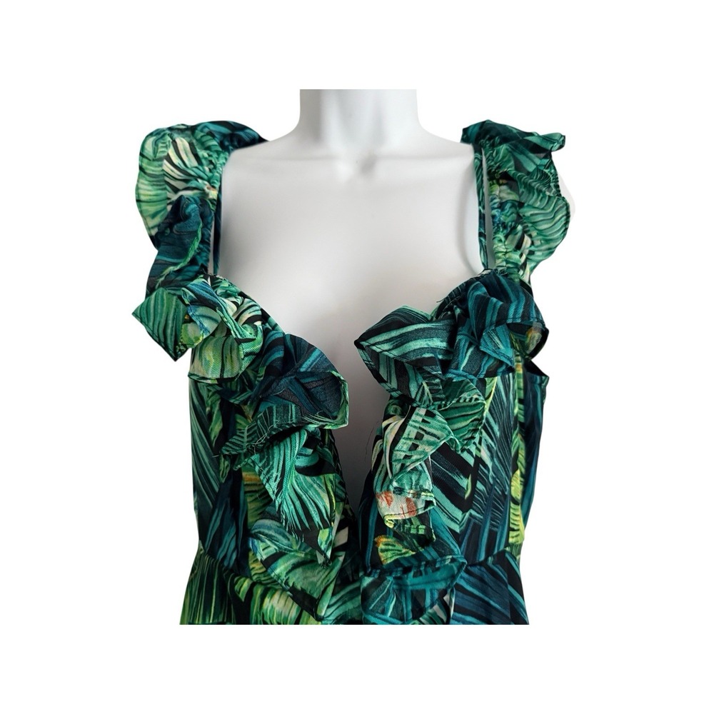 Tropical‎ Palm Leaf Ruffle High Low Dress L Womens Green Resort Beach Vacation - Picture 5 of 12